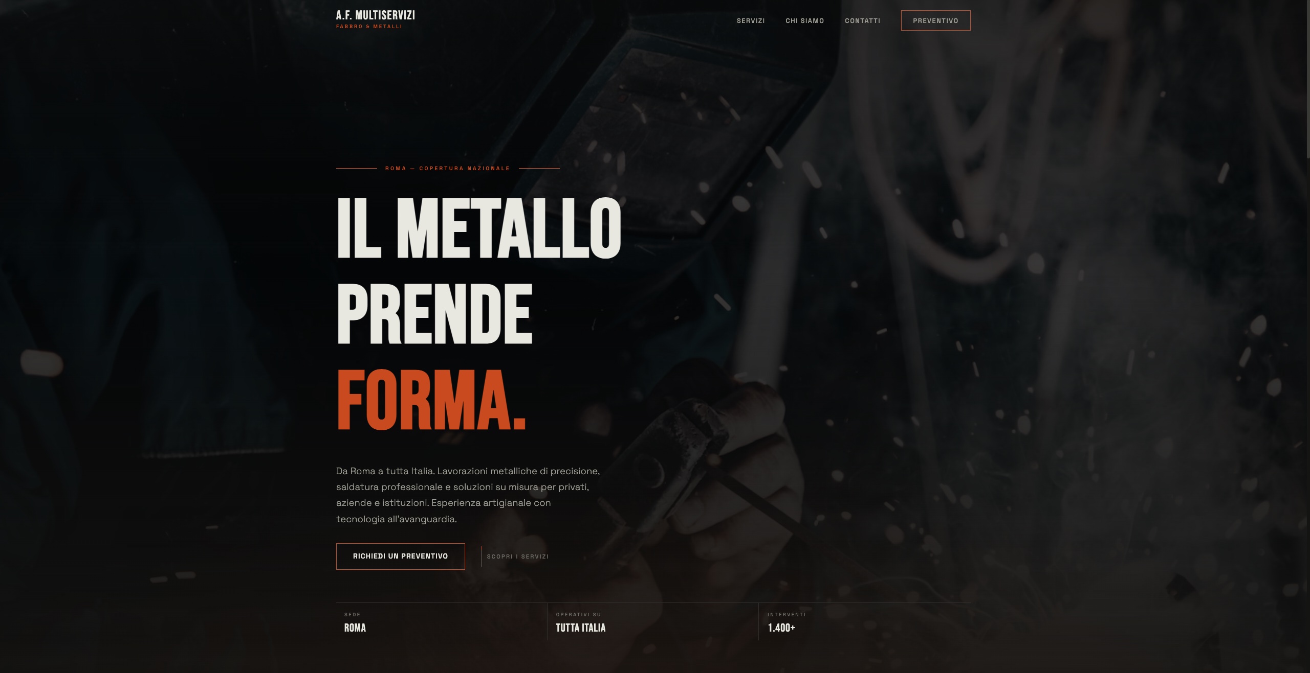 Screenshot of the A.F. Multiservizi website — a Rome-based metalworking and blacksmith company
