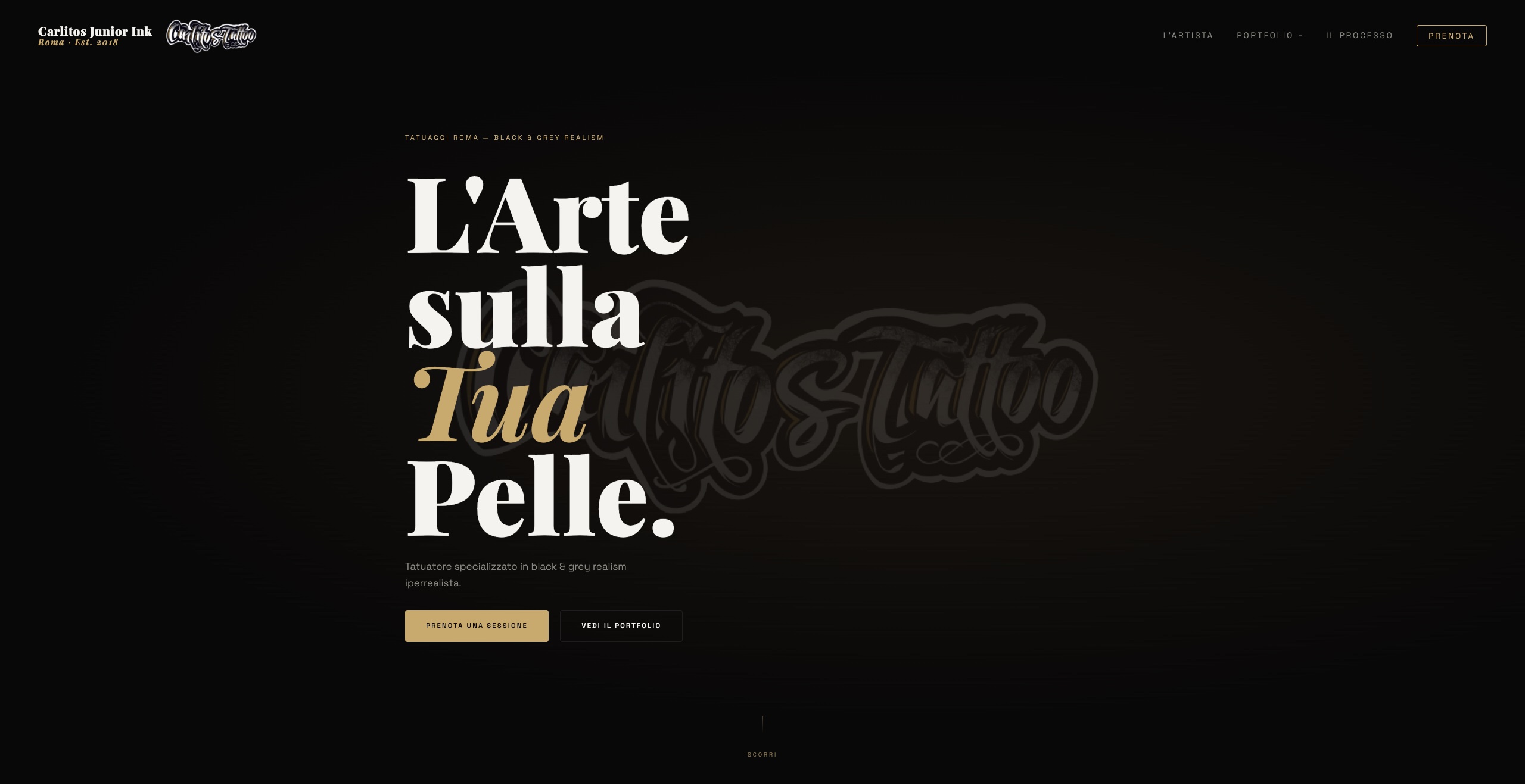 Screenshot of the Carlitos Junior Ink website — a hyperrealistic tattoo studio in Rome